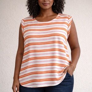 Ann Taylor Factory Top Women’s Size Large Striped Orange Pink White Short Sleeve